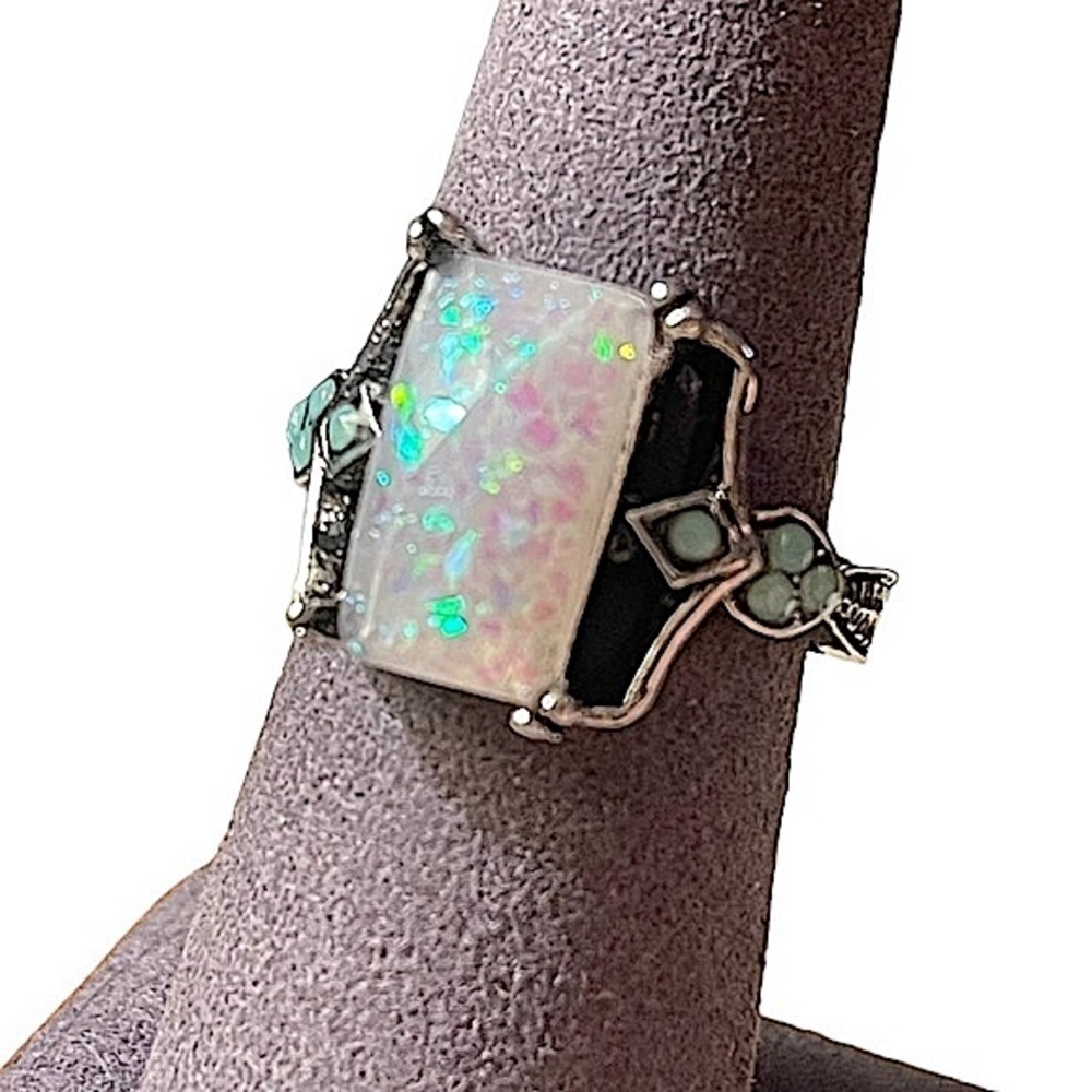 Faux Dichroic‎ Glass Opal & Rhinestone Silver Toned Statement Cocktail Ring 8